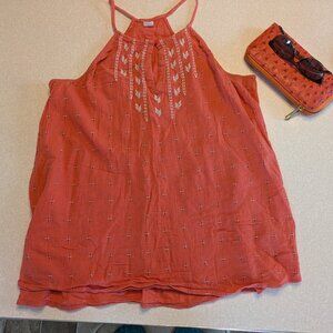 Old Navy Orange Gauze Cotton Embroidered Racer Back Halter Top Size Medium EUC